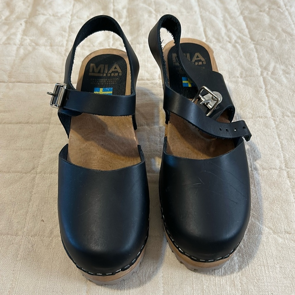 MIA Black Leather Clogs